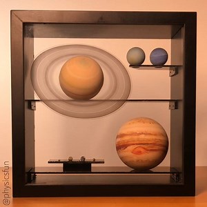 The Planets of Our Solar System- to Scale http://physicstoys.blogspot.com/p/physics-toy-store.html 3D printed accurate scale model of 8 planets and Earth’s moon. In this model: Earth (diameter = 0.80 cm) and Jupiter (diameter = 9.0 cm). Wonderful detail allowed by the 3D printing process reproduces the belting on the gas giants. The rings of Saturn are printed on transparency film. Made by artist/maker Jay Fisher using images from NASA. ➡️ Follow the link above for info on where get this solar s