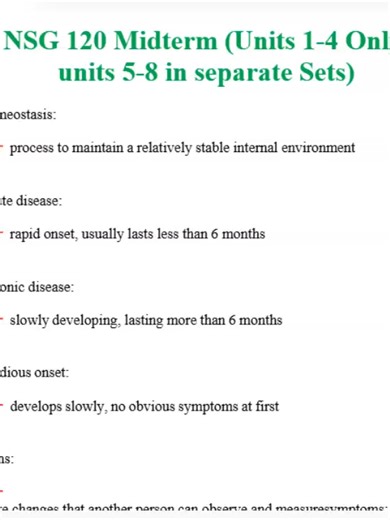Ace NSG 120 Midterm (Units 1–4) with this complete and verified study material designed to help nursing students confidently master foundational concepts and excel in exams. This high-yield resource covers essential topics from units 1–4, including nursing fundamentals, patient safety, infection control, basic pharmacology, vital signs, health assessment, communication skills, and priority nursing interventions. Structured for clarity and exam readiness, it simplifies complex content into clear,