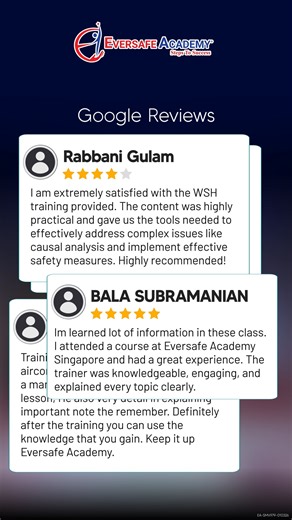 What Students Say About Eversafe Academy | Google Reviews #EversafeAcademy #GoogleReviews #WSH #SafetyTraining #SingaporeEducation #BCSS #StudentTestimonials #WorkplaceSafety #StepsToSuccess #SkillsFutureSG | Eversafe Academy