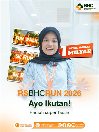 SIAP BAWA PULANG TOTAL HADIAH 1 MILIAR? 🏃‍♂️💨 Sumenep, saatnya kencangkan tali sepatu! RS BHC RUN resmi hadir pada 8 Februari 2026. Ini bukan sekadar lari biasa, tapi kesempatan buat kamu jadi juara dengan total hadiah fantastis! Pilih tantanganmu: - Fun Walk – Seru-seruan bareng keluarga. 🏃 - 5K Run – Pas buat kamu yang ingin mulai rutin lari. 🏃‍♀️ - 8K Run – Uji limit dan raih podium tertinggi! Save the date! - 📍 RS BHC Sumenep (Jl. Jokotole, Lingkar Barat) - 🗓 Minggu, 8 Februari 2026 Ti