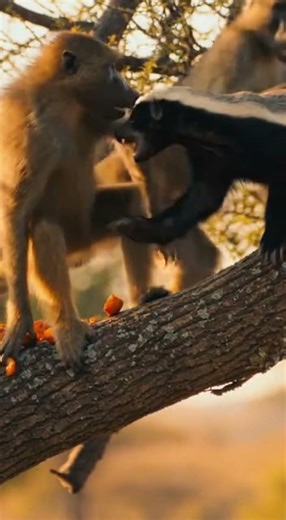 Honey Badger vs Baboons Tree Stand-off