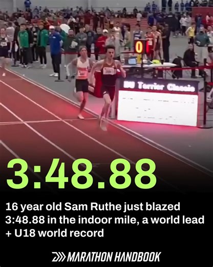 Sixteen-year-old Sam Ruthe of New Zealand ran 3:48.88 at the John Thomas Terrier Classic in Boston, winning the invitational mile against a field of professional runners. The time is the fastest mile ever recorded by an under-18 athlete and one of the quickest indoor miles in history. Ruthe’s performance broke the world under-18 mile record and New Zealand’s national mile record of 3:49.08, set by Olympic champion Sir John Walker in 1982. At just 16, Ruthe is now the fastest New Zealander ever o
