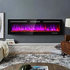 Electric Fireplace 60 inch Wall Mounted and Recessed with Remote Control and Touch Panel Control, Timer,12-Level Adjustable Flame Colors and Speed
