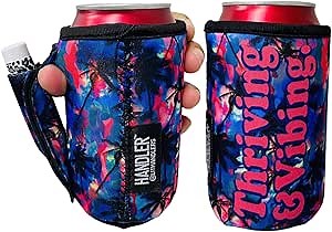 Lit Handlers Soda Can Handle - 12oz Can Cooler Sleeves Neoprene Material for Beer, Soda & Other Drinks -Reusable Beverage Holder w/Handle (Thriving & Vibing)