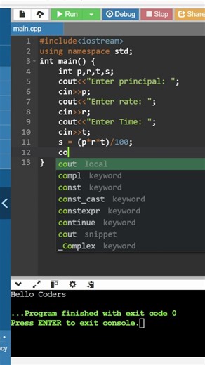 Simple Interest Formula || C++ CODE || DA-CODERS || #coding #coding #shorts