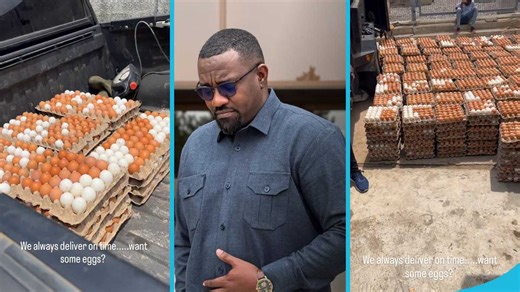 Dumelo flaunts over 500 egg crates that chicks he bought in Jan have produced