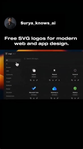 Surya Prakash G on Instagram: "Stop searching Google for blurry logos. 🛑📐 Svgl is the ultimate library for high-quality, scalable SVG logos. Whether you need the latest framework icon or a big brand logo, it’s all here—perfectly formatted for both light and dark modes. 💻✨ The best part? It’s completely open-source and free to use. No subscriptions, just clean code. 🚀 Want the link? Comment “ Svg ” and I’ll send it over! #WebDesign #WebDev #SVG #DeveloperTools #UIUX"