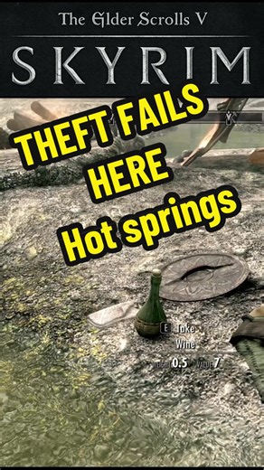 Skyrim NPCs Ignore Theft… Except Here Skyrim’s law system runs on vibes. You can “steal” in front of NPCs by just dragging loot around like a moving company… and everyone pretends they’re legally blind. Then you hit ONE location where the game suddenly grows morals, witnesses, and instant PvP. Stealing? Fine. Turning someone into “goofballs in a pool”? Unforgivable. Try it if you dare. Just don’t blame me when the hot springs turn into a war zone. #Skyrim #TESV #SkyrimGuide #SkyrimTips #SkyrimSe