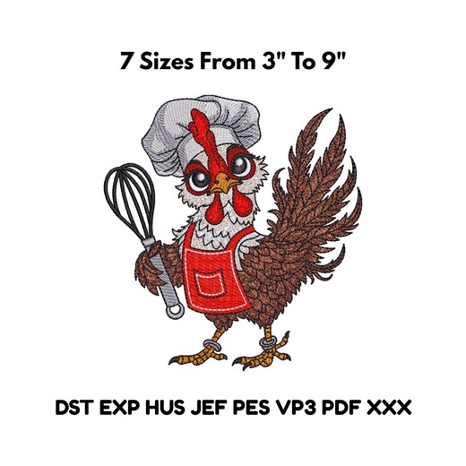 Chicken Chef Embroidery Design, Kitchen Hen Pattern, 7 Sizes 3-9 Inch, Machine Embroidery File - Etsy