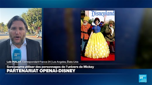 OpenAI et Disney ont annoncé jeudi avoir conclu un accord qui va permettre l'utilisation des personnages du groupe américain sur Sora, la plateforme de vidéos créées par IA générative. Pourquoi est-ce que Disney s'engage dans ce partenariat ? Éléments de réponse avec notre correspondant à Los Angeles | FRANCE 24