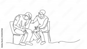 ptsd therapy, post-traumatic stress disorder treatment animated illustration.Veteran, soldier and psychotherapist. One continuous line art, self drawing footage
