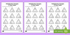 Multiplication Triangles 3, 4 and 8 Times Tables Worksheets