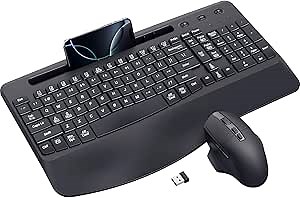 Wireless Keyboard and Mouse, Ergonomic Keyboard with Phone/Tablet Holder, Computer Mouse Wireless for Windows, Mac, Computer, PC