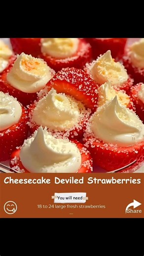Cheesecake Deviled Strawberries Ingredients: 18 to 24 large fresh strawberries 1 cup heavy whipping cream 1 (8 oz) package cream cheese, softened 1/3 cup sour cream 2/3 cup white granulated sugar 1 teaspoon vanilla extract Optional: crushed graham crackers or mini chocolate chips for garnish Instructions: Prep the Strawberries Rinse strawberries and pat dry. Slice each in half lengthwise, then use a melon baller or small spoon to scoop a small hollow in the center of each half. Set aside. Time: 