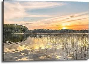 Inpraradiso Nature Landscape Canvas Wall Art: Lake Sunset Scene Picture Scenery Painting Artwork Scenic Wilderness Print Decor for Living Room Bedroom 24’’ x 16’’