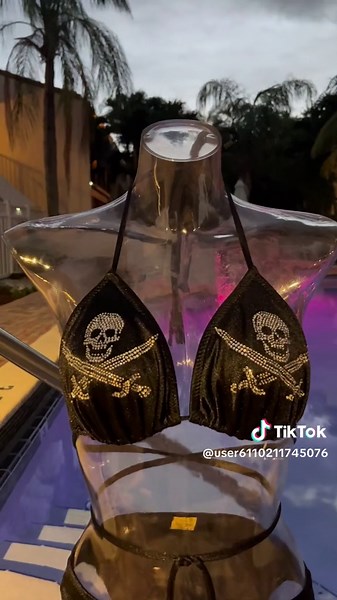 Custom rhinestone pirate suits . Most sizes , many styles . #custom #jupiterfl #bikinis #boating #pompano #floridastyle #rhinestonebikinis #swimsuits #jupiterflorida #models #pirate #poolparty #jamaica #customswimwear