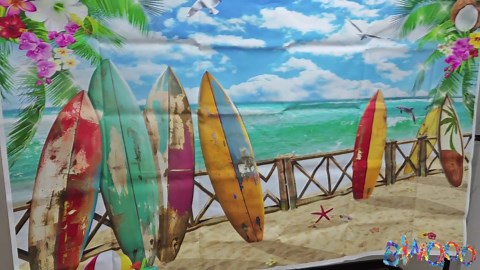 7x5FT Beach Surfboard Backdrop Summer Sea Sky Beach Seaside Surfs Up Tropical Hawaiian Palm Floral Background Surfboard Party Baby Shower Birthday Photo Booth, blue