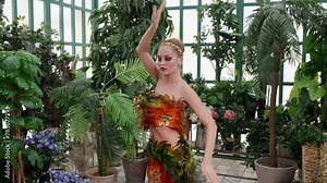 In a studio surrounded by tropical greenery, a woman with a beautiful figure dances with incredible grace and plasticity, as if merging with nature in dance.