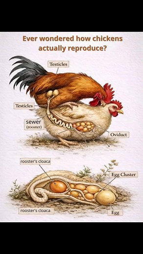🐓 Ever wondered how chickens actually reproduce? Here’s a quick and simple breakdown! Unlike mammals, roosters and hens don’t mate the way you might think. Both have a special opening called a cloaca. 👉 During mating, the rooster briefly mounts the hen and their cloacas touch in what’s called the “cloacal kiss.” 👉 This quick contact transfers sperm, which the hen can store for days. 👉 That means one mating can fertilize several eggs over time! Fun fact: 🥚 Hens lay eggs even without a rooste