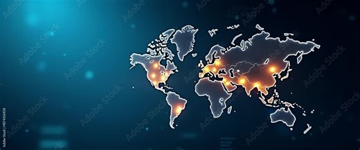 Cinematic world map animation with glowing data points pulsing, as the camera slowly pans across, highlighting global connectivity and technology trends in an ambient digital landscape.