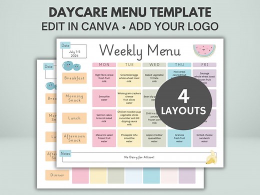 Daycare Weekly Menu Template | Editable   Printable | Canva | for Homeschool, Preschool, Home Daycare Forms | US Letter   A4 Size - Etsy