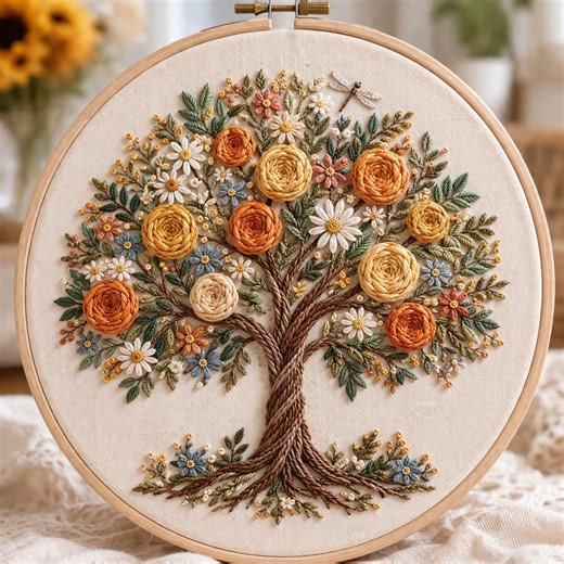 Summer Tree of Life Hand Embroidery Pattern PDF, Whimsical Woven Wheel Roses, Botanical Needlework, Instant Download - Etsy