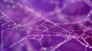 Countless tiny water droplets intertwine like a spider's web, forming an intricate network. The droplets shimmer in a mystical purple hue, creating beautiful geometric patterns.