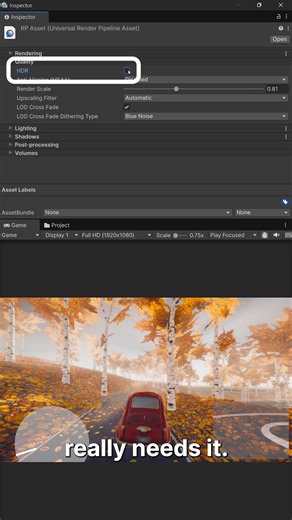 Boost performance with URP’s built-in settings. Learn how Render Scale, HDR, and MSAA impact your game. Check out our performance optimization ebook 👉 https://on.unity.com/Optimize #Unity #gamedev #UnityTips #URP #gameoptimization | Unity