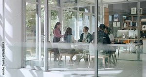 Meeting, workshop and collaboration with team of business people in boardroom of office together. Teamwork, company management and planning with corporate employee group in workplace for discussion