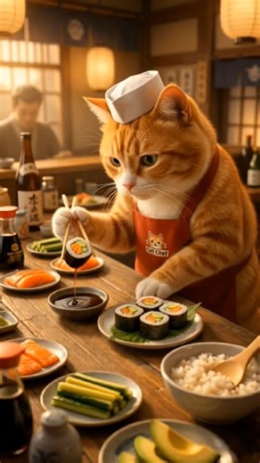 Cute Chef Cat Makes Sushi From Scratch 🍣🐱 | Meowster Chef