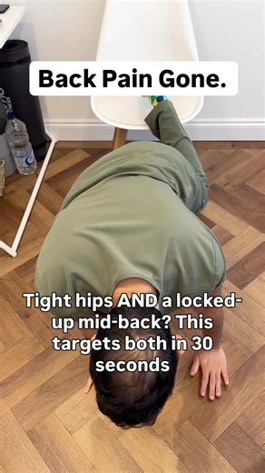 When your mid-back and hips are both locked up, most people do two separate stretches. This does both at once. What you’re seeing is threading the needle with a hip rotation component. One leg on a chair, one leg crossing underneath, threading your arm under your body. Why this works: Threading the needle targets restricted mid-back movement, which affects people who sit for prolonged periods (Peloton Health, 2025). Hip range of motion side-to-side asymmetries may be one of the causes of non-spe