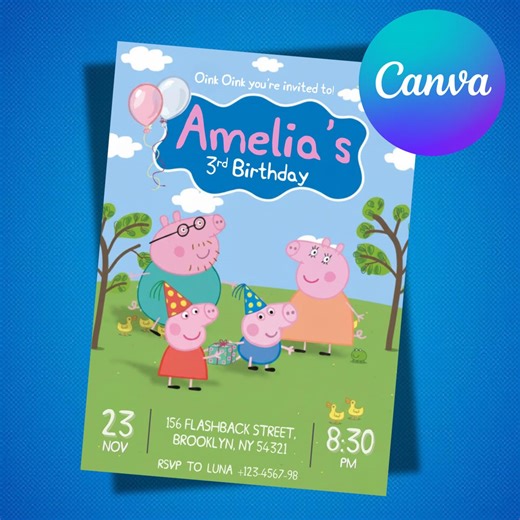 Editable Peppa Pig Birthday Invitation: Kids Birthday Party, Personalized Template, Digital Download (5x7 Canva) - Etsy UK