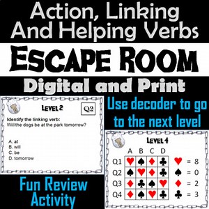 Action, Linking and Helping Verbs Activity: Escape Room Grammar Review Game