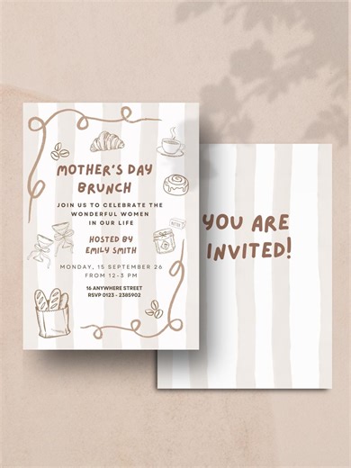 Mothers Day Brunch Invitation - Minimalistic Striped Neutral Breakfast Party Invite - Canva Template