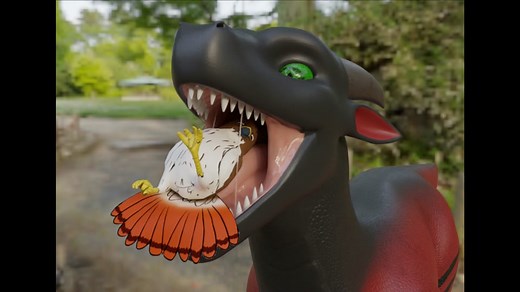 Dragon Creature Interaction with Bird-like Character