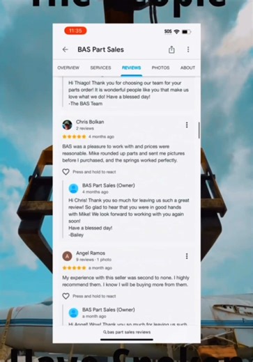 Don’t take our word for it… See for yourself why everyone’s raving 🤩 #thepeoplehavespoken In the market for aircraft parts? We’ve got a massive inventory of parts and components ready for their second life! Reach out today and experience the kind of customer service that truly soars above the rest. 🌤️✈️ 🌐: https://baspartsales.com/ ☎: 970-313-4823 📧: sales@baspartsales.com 📱: https://baspartsales.com/mobile-app/ (Mobile App) #aircraftsalvage #baspartsales #aircraftmechanics #aviation #aviat