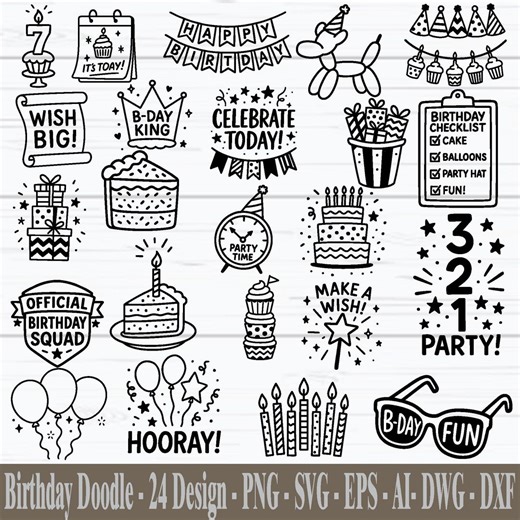 Birthday Doodle SVG, Whimsical Birthday Svg, Party Doodles Svg, Happy Birthday Svg, Birthday Cards Invitations Designs, Digital Download - Etsy