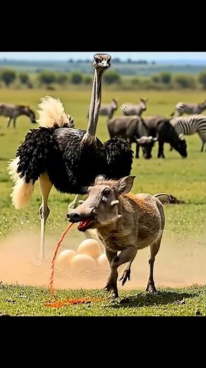 ostrich highkick slams into warthog's snout