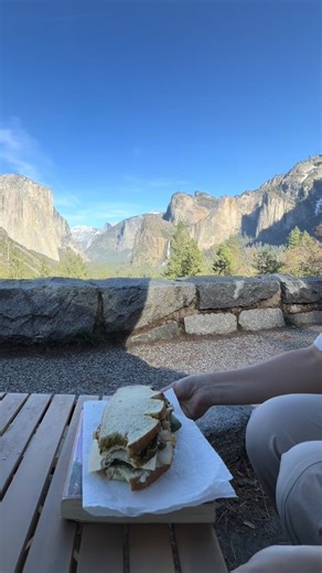 make a huge sandwich with me while i watch the sun set over yosemite valley! if you have anything bad to say about my sandwich, go make your own :) i hope you enjoy it like i enjoyed this one! not sure if you can beat this view though. #fyp #yosemite #camping #solotravel #eating