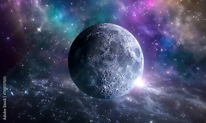 Cosmic view of the moon against stars. The concept of cosmic expansion and astronomy.