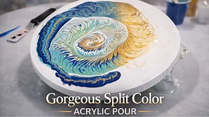 Gorgeous split color acrylic pour with blue green and gold