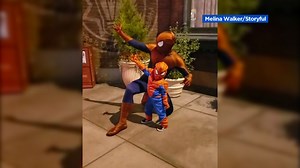 Boy dressed as Spider-Man meets favorite super hero at Disney California Adventure