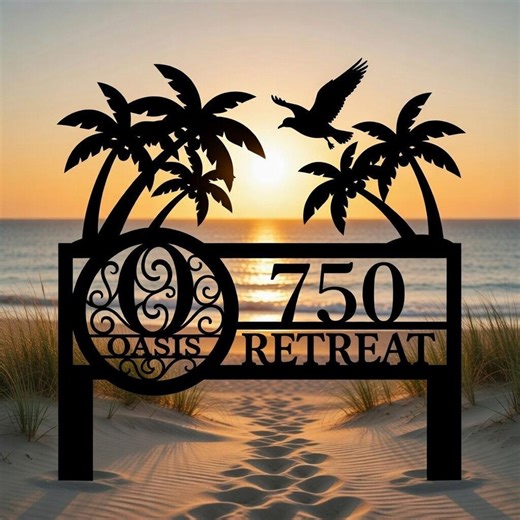 Tropical Palm Tree Metal Address Sign, Beach House Number Sign, Coastal Address Plaque, Personalized Metal Sign