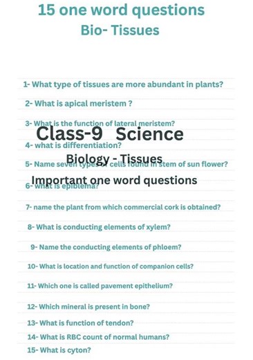 class 9 science chapter 2 tissues one word important questions 🔥#biology #notes #cbse #important