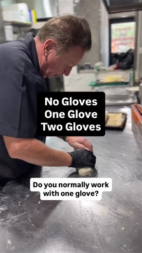 The debate has raged since gloves were invented 🤌 Chef Dennis says when it comes to making dough, no gloves is best — the dough sticks to the glove, not the hands. But with a small burn on one hand, covering it up is a must… hence the one-glove look in this video. What’s your take — no glove, one glove or two? #glove #chef #cooking #bread #comment | Taste Of Tuscany Restaurant