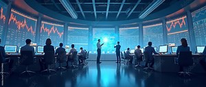 Illustration of trading floor stock market exchange indoor backgrounds with round workplaces and displays showing financial data. Businesspeople. concept as Illustration of trading floor with stock ma