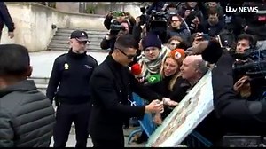 127K views · 510 reactions | You might have expected Cristiano Ronaldo to be a touch upset after receiving a two-year suspended sentence and £16.7m fine for tax fraud but he left court smiling and signed autographs for fans, including a huge canvas. Read more: https://bit.ly/2AWsvrI | ITV News | Facebook