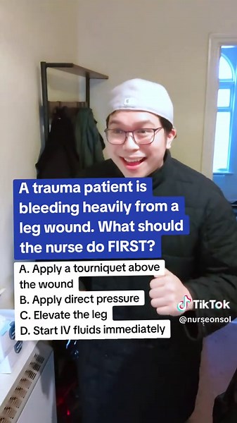 Rationale: Direct pressure is the first-line intervention for external bleeding. Fun Fact: Proper pressure alone can control up to 90% of limb bleeding. #nursingstudent #quiz #nursing #nursinglife