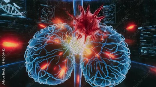 digital brain model under viral attack. Neuroscientist observes DNA fragments and inflammatory hotspots, red lesions emerge within cortex, synaptic disruption, hightech monitoring