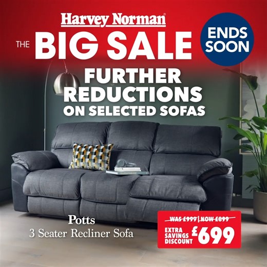 ⏳ Time is running out! The Big Sale is almost over, and you don’t want to miss EVEN BIGGER discounts! Enjoy further reductions on selected sofas, from recliners to corner sofas, armchairs and more. Get yours now, in store or online at harveynorman.co.uk/collections/extra-savings-on-furniture 🛋️ | Harvey Norman UK